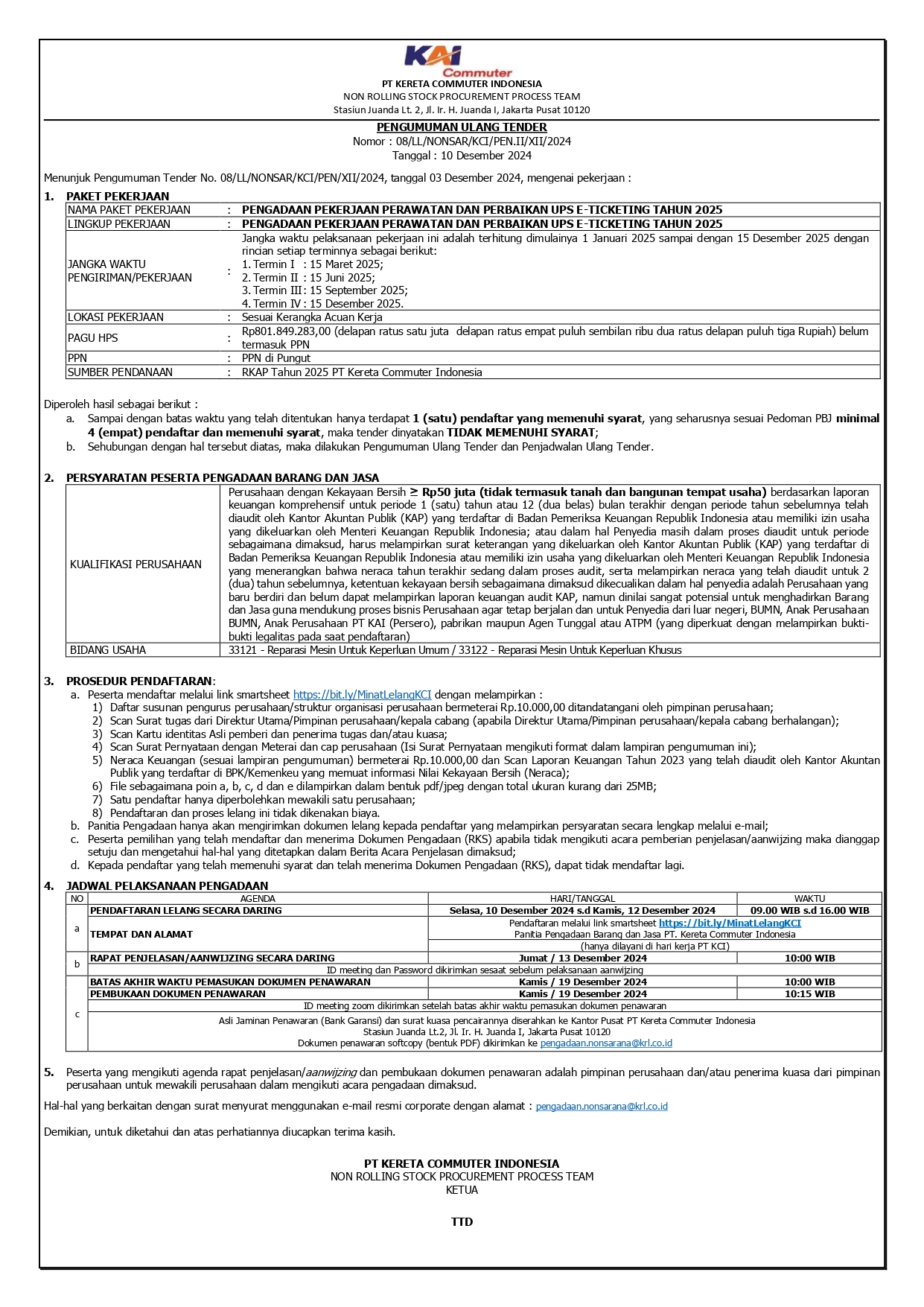 3 pengumuman ulang 08 pengadaan pekerjaan perawatan dan perbaikan ups e ticketing tahun 2025 page 0001